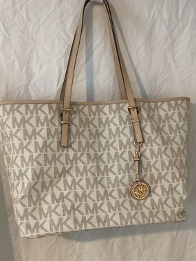 Michael Kors Cream and Tan MK Logo Tote with Gold Charm